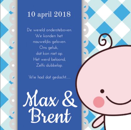 Kaartje tweeling "Blauw geruit met baby"