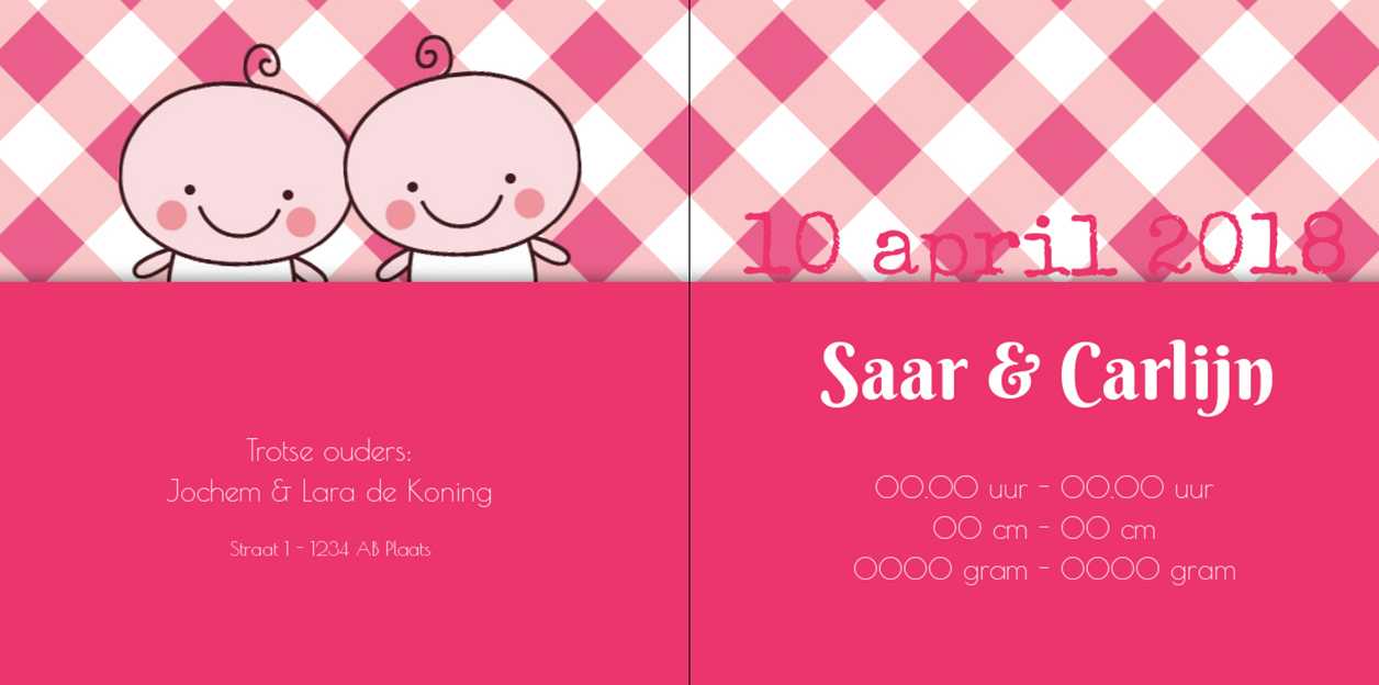 Kaartje tweeling "Roze geruit met baby" Kaartje tweeling "Roze geruit met baby"