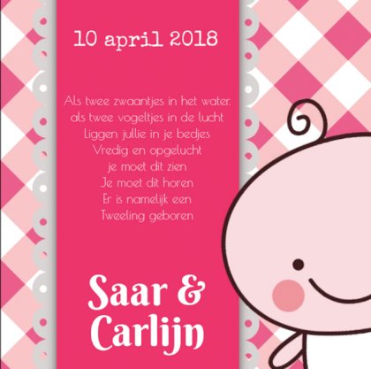 Kaartje tweeling "Roze geruit met baby"