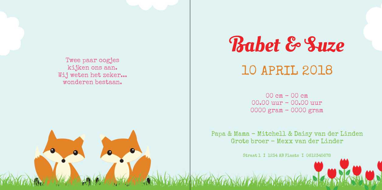 Kaartje tweeling "vosjes onder roze boom" Kaartje tweeling "vosjes onder roze boom"