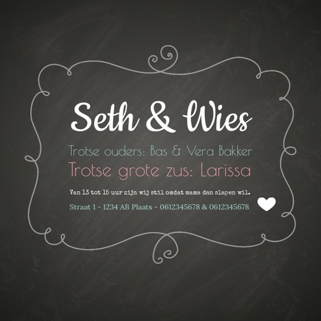 Kaartje tweeling "krijtbord" Kaartje tweeling "krijtbord"