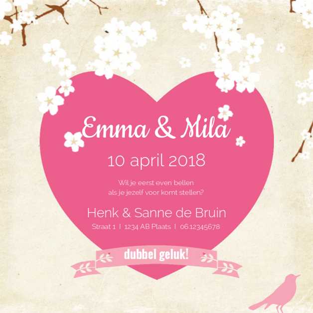 Kaart tweeling "Roze bloesem" Kaart tweeling "Roze bloesem"