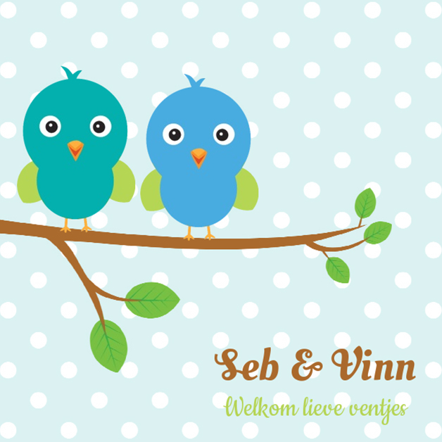 Kaart tweeling "Vogeltjes op tak" Stippen Kaart tweeling "Vogeltjes op tak" Stippen