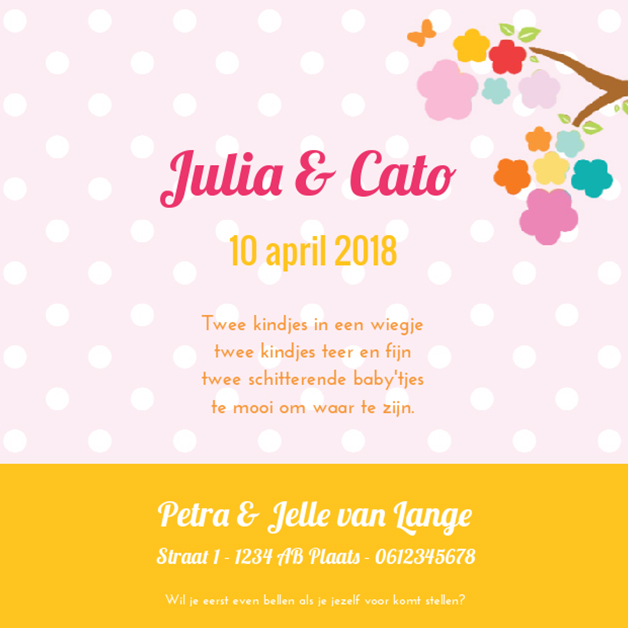 Kaart tweeling "Vogeltjes op tak" Kaart tweeling "Vogeltjes op tak"