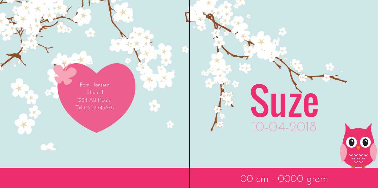 Gevouwen kaart "Roze uiltje op witte bloesem" Gevouwen kaart "Roze uiltje op witte bloesem"