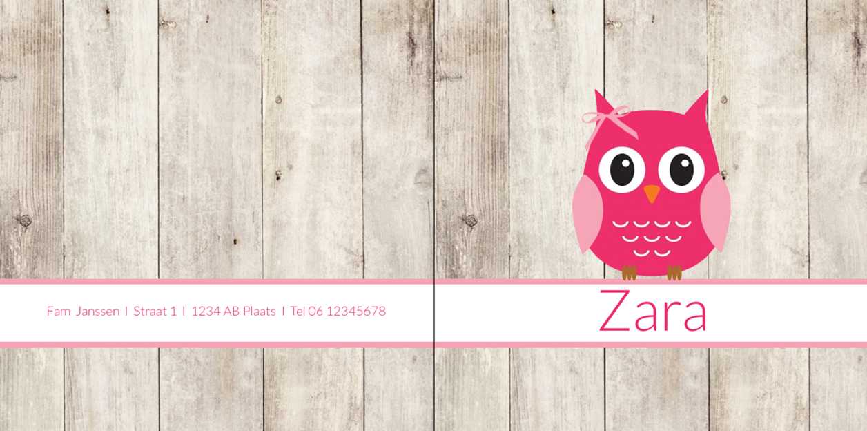Gevouwen kaart "Roze uil op hout" Gevouwen kaart "Roze uil op hout"