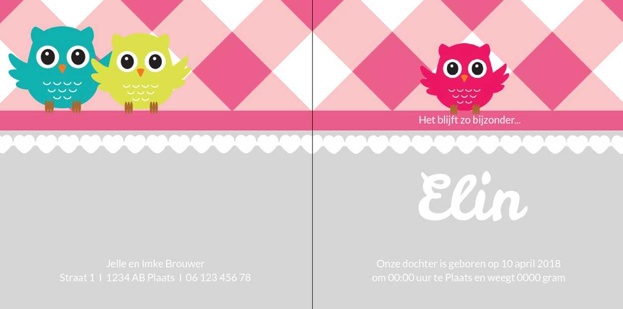 Gevouwen kaart "Roze uil met label" Gevouwen kaart "Roze uil met label"