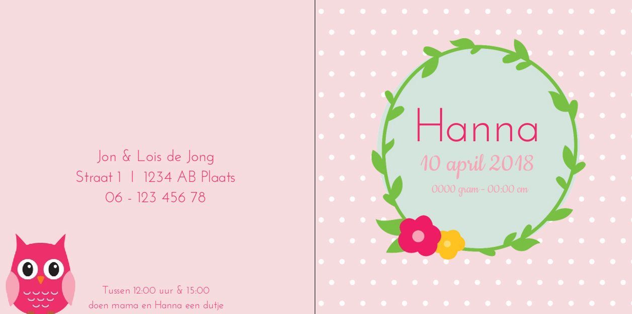 Gevouwen kaart "Roze uil met krans" Gevouwen kaart "Roze uil met krans"