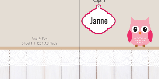 Gevouwen kaart"Roze uiltje met hanger" Gevouwen kaart"Roze uiltje met hanger"