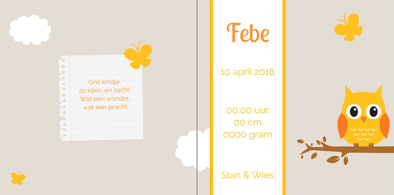 Gevouwen kaart "Oranje uil met vlinder" Gevouwen kaart "Oranje uil met vlinder"