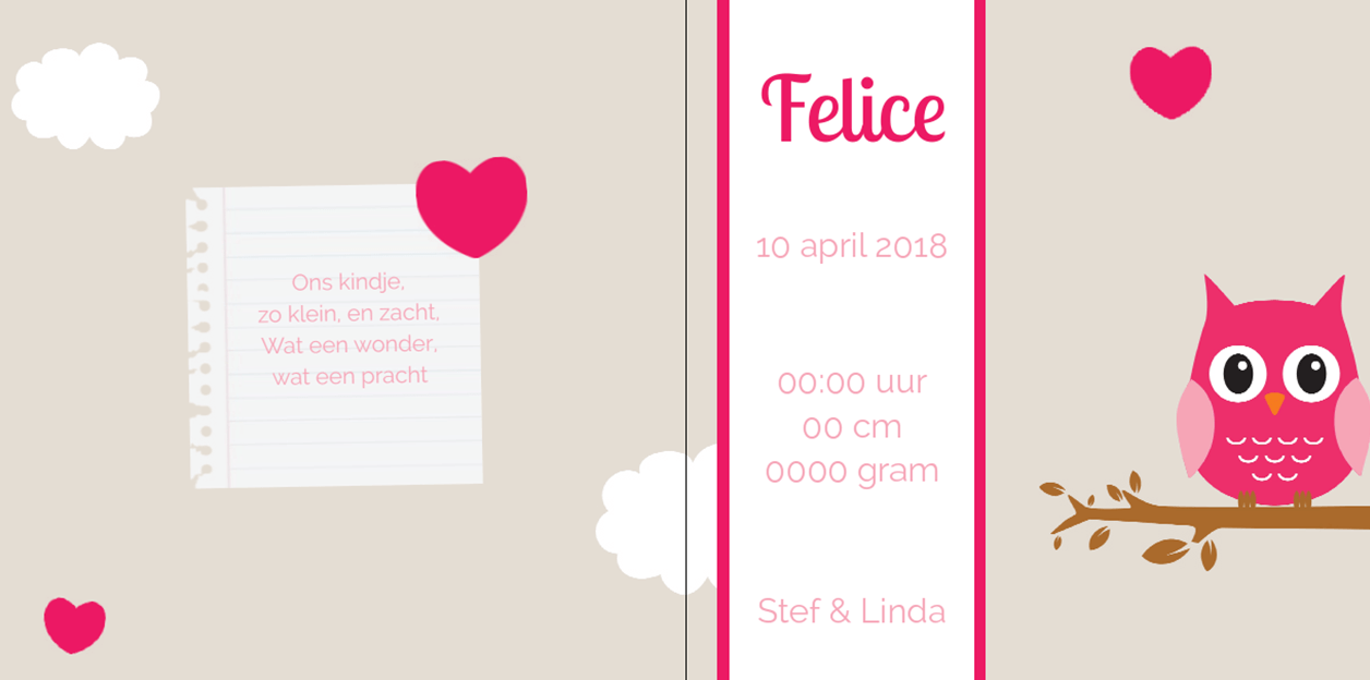 Gevouwen kaart "Roze uil met hartjes" Gevouwen kaart "Roze uil met hartjes"