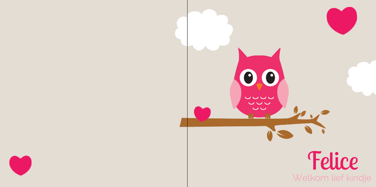 Gevouwen kaart "Roze uil met hartjes" Gevouwen kaart "Roze uil met hartjes"