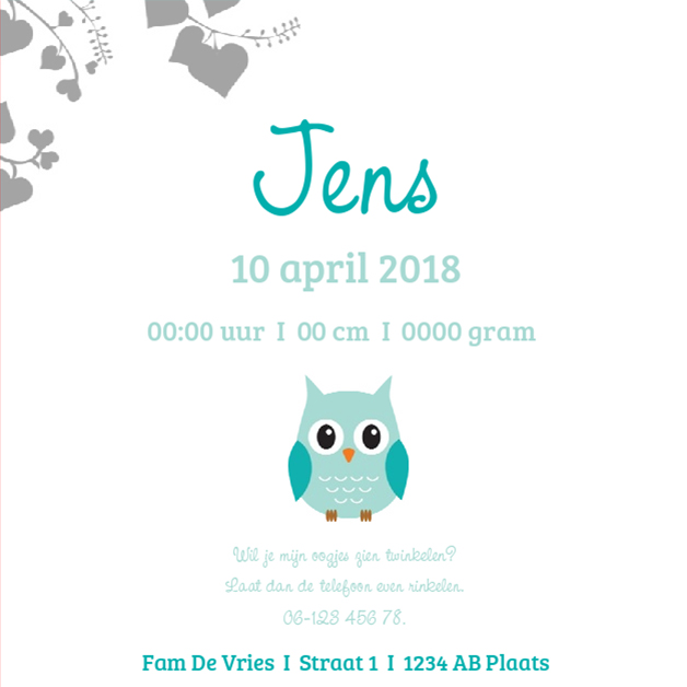 Kaartje "Blauwe uil op hartjes bloesem" Kaartje "Blauwe uil op hartjes bloesem"