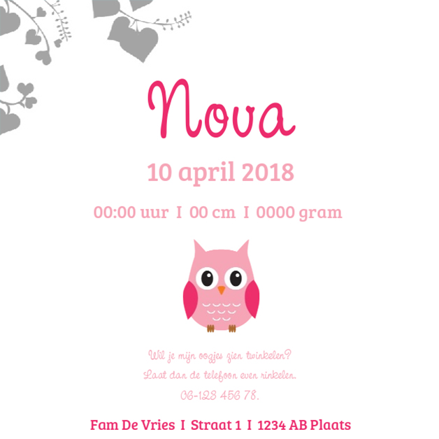 Kaartje "Roze uil op hartjes bloesem" Kaartje "Roze uil op hartjes bloesem"