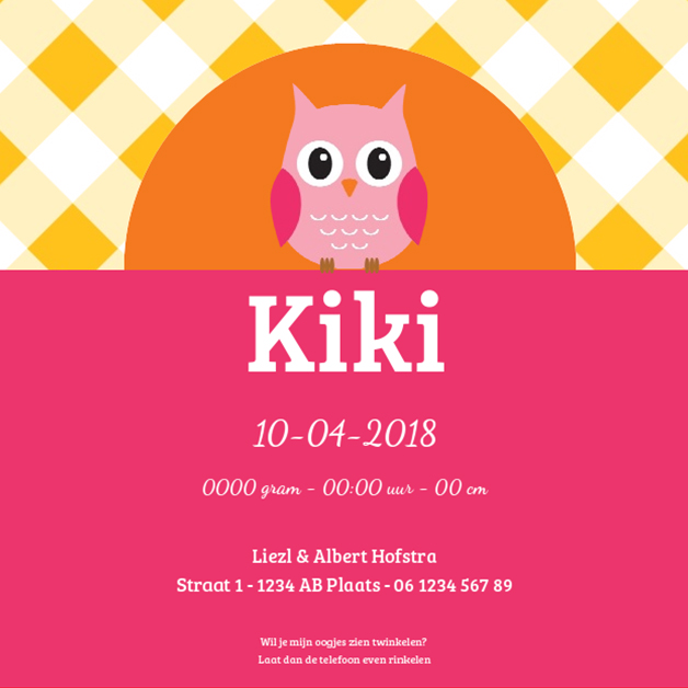 Kaartje "Grote roze uil" Kaartje "Grote roze uil"
