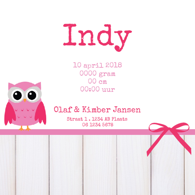 Kaartje "Roze uiltje op banner" Kaartje "Roze uiltje op banner"