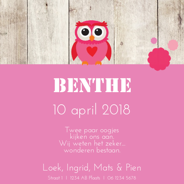 Kaartje "Roze uiltje met poststempel" Kaartje "Roze uiltje met poststempel"