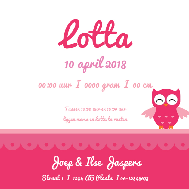 Kaartje "Roze uiltje" Kaartje "Roze uiltje"