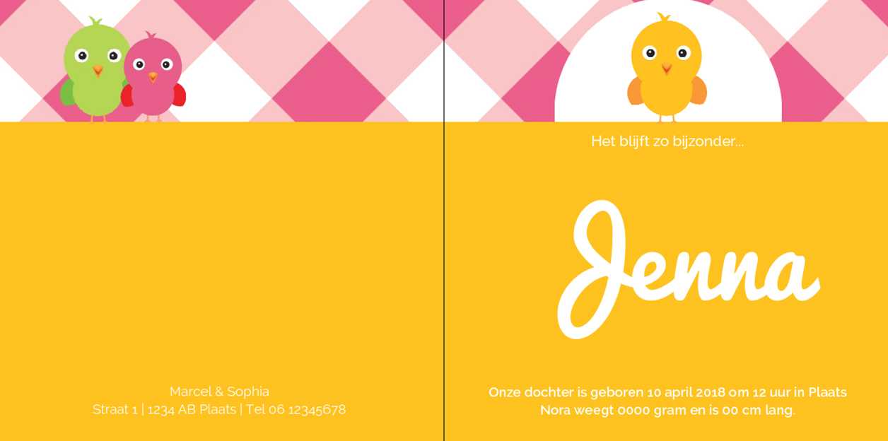 Gevouwen kaart "Geel vogeltje & Roze ruitjes" Gevouwen kaart "Geel vogeltje & Roze ruitjes"