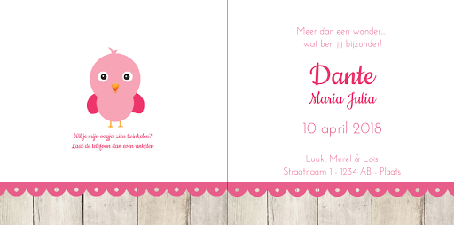 Gevouwen kaart "Roze vogeltje & Hartjes op hout" Gevouwen kaart "Roze vogeltje & Hartjes op hout"