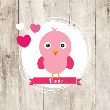 Gevouwen kaart "Roze vogeltje & Hartjes op hout"