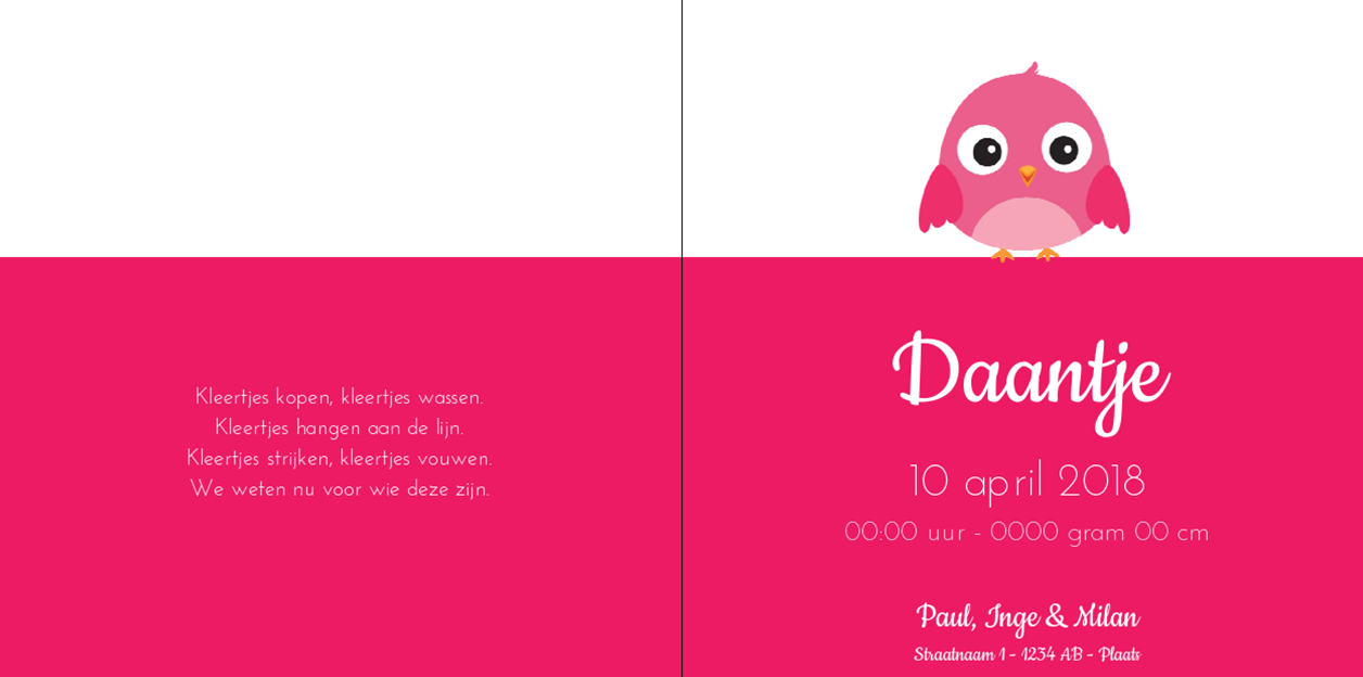 Gevouwen kaart "Roze vogeltje" Gevouwen kaart "Roze vogeltje"