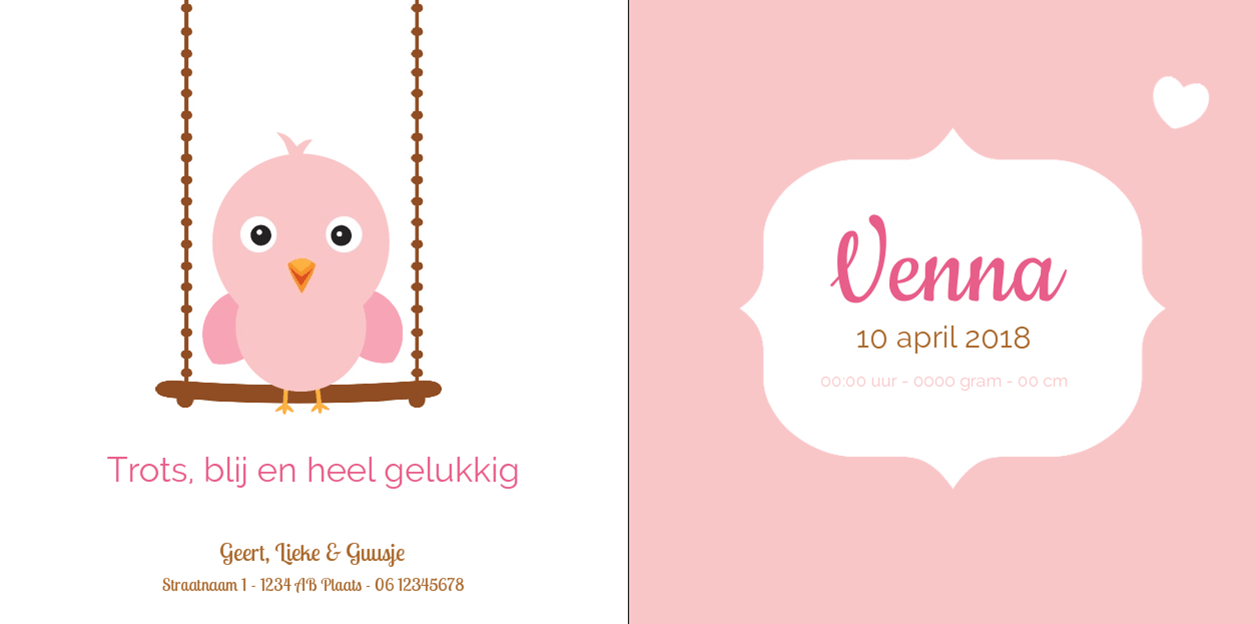 Gevouwen kaart "Roze vogeltje op schommel" Gevouwen kaart "Roze vogeltje op schommel"