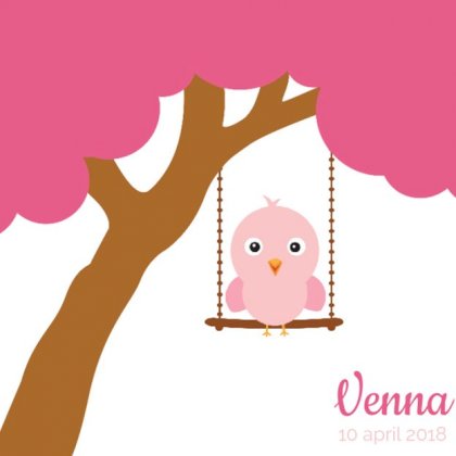 Gevouwen kaart "Roze vogeltje op schommel"
