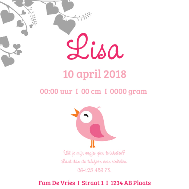 Kaartje "Roze vogeltje & Hartjes tak" Kaartje "Roze vogeltje & Hartjes tak"