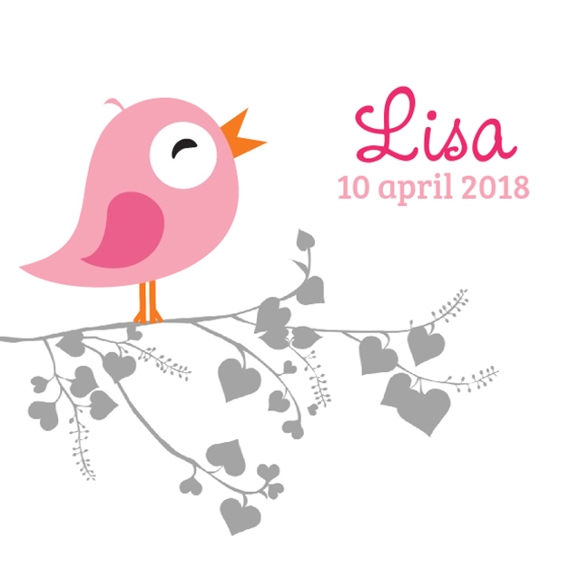 Kaartje "Roze vogeltje & Hartjes tak" Kaartje "Roze vogeltje & Hartjes tak"