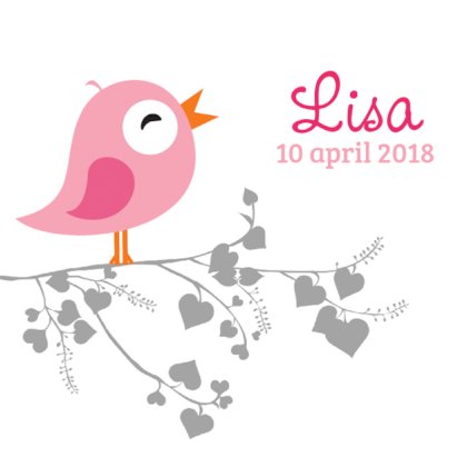 Kaartje "Roze vogeltje & Hartjes tak" Kaartje "Roze vogeltje & Hartjes tak"