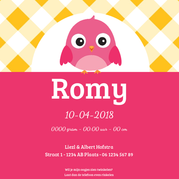 Kaartje "Roze vogeltje & Oranje ruitjes" Kaartje "Roze vogeltje & Oranje ruitjes"