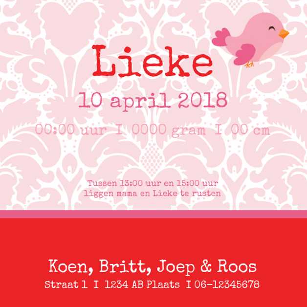 Kaartje "Roze vogeltje & Barok" Kaartje "Roze vogeltje & Barok"