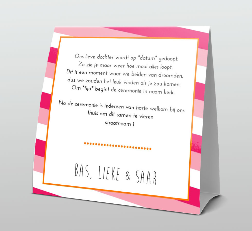 Tentkaart "Doopkaart roze gestreept" Tentkaart "Doopkaart roze gestreept"