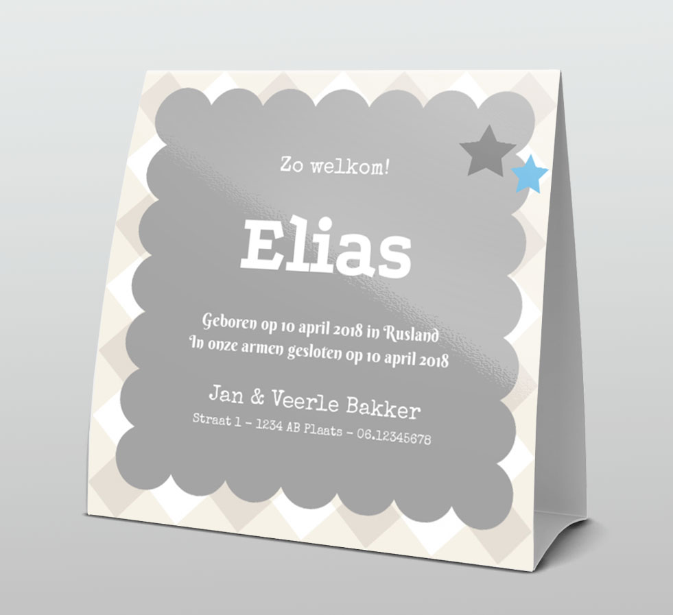 Tentkaart "Grijs ruitje blauw hartje" Tentkaart "Grijs ruitje blauw hartje"