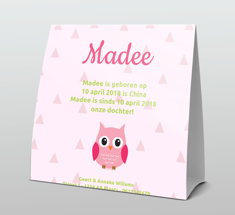 Tentkaart "Uiltje roze" Tentkaart "Uiltje roze"