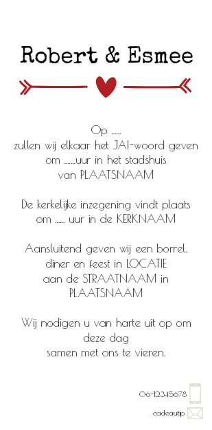 Gevouwen trouwkaart "Ja - staand formaat" Gevouwen trouwkaart "Ja - staand formaat"