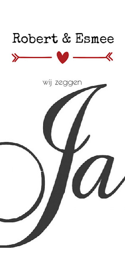 Gevouwen trouwkaart "Ja - staand formaat" Gevouwen trouwkaart "Ja - staand formaat"