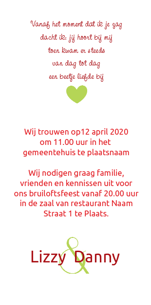 Gevouwen trouwkaart "groen hartje - staand formaat" Gevouwen trouwkaart "groen hartje - staand formaat"