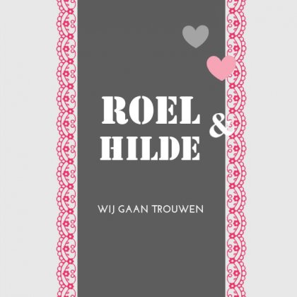 Gevouwen trouwkaart "Hartjes & roze kant" Gevouwen trouwkaart "Hartjes & roze kant"