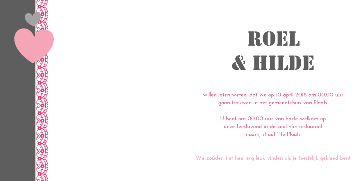 Gevouwen trouwkaart "Hartjes & roze kant" Gevouwen trouwkaart "Hartjes & roze kant"