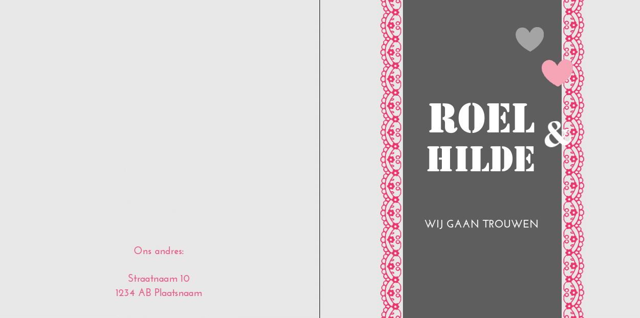 Gevouwen trouwkaart "Hartjes & roze kant" Gevouwen trouwkaart "Hartjes & roze kant"