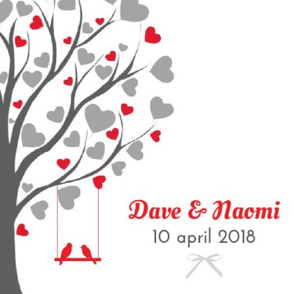 Gevouwen trouwkaart "Hartjes boom & love birds"