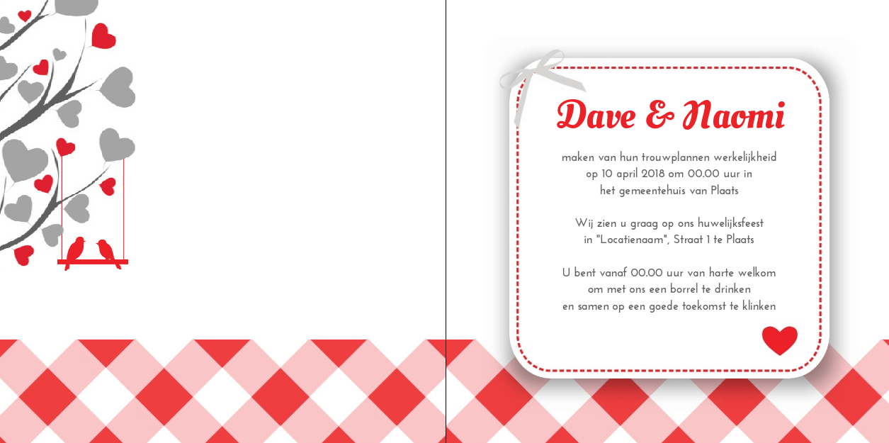 Gevouwen trouwkaart "Hartjes boom & love birds" Gevouwen trouwkaart "Hartjes boom & love birds"