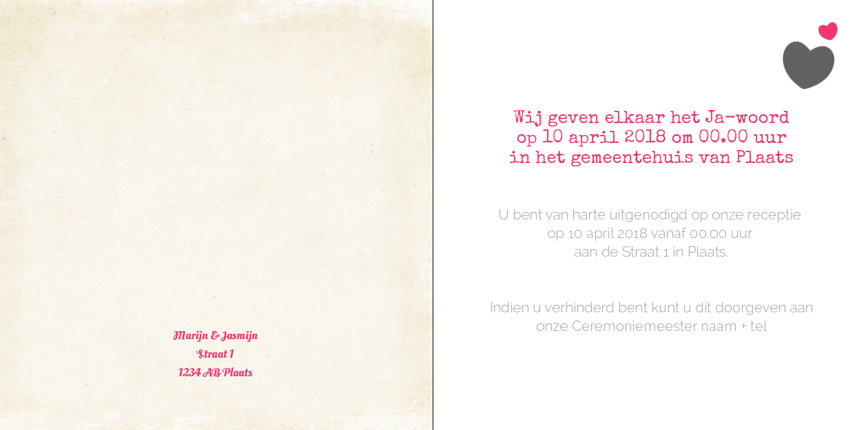 Gevouwen trouwkaart "Zwart hartje met labeltjes" Gevouwen trouwkaart "Zwart hartje met labeltjes"