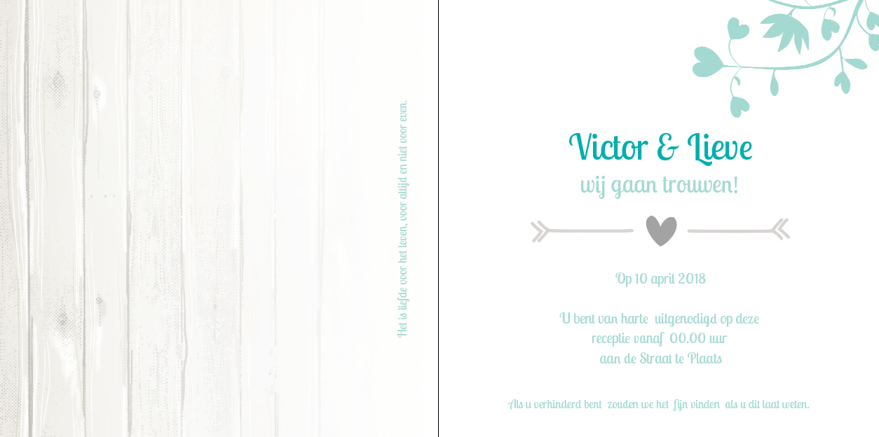 Gevouwen trouwkaart "Blauwe hartjes tak" Gevouwen trouwkaart "Blauwe hartjes tak"