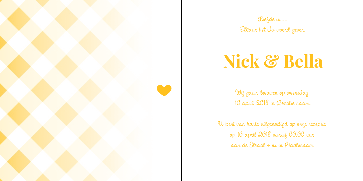 Gevouwen trouwkaart "Geel & Hartjes kant" Gevouwen trouwkaart "Geel & Hartjes kant"