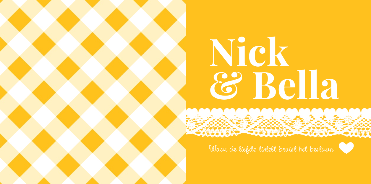 Gevouwen trouwkaart "Geel & Hartjes kant" Gevouwen trouwkaart "Geel & Hartjes kant"