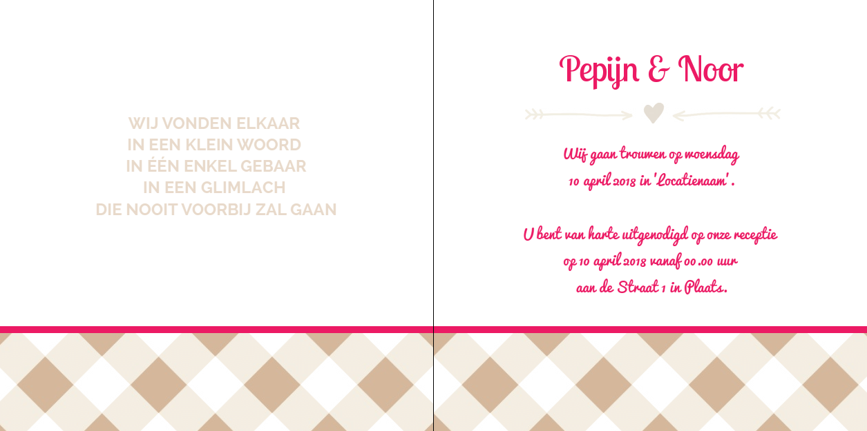 Gevouwen trouwkaart "Pink" Gevouwen trouwkaart "Pink"