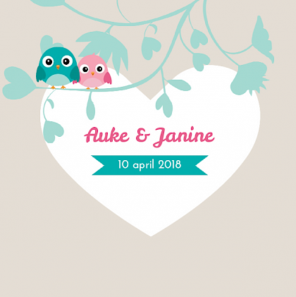 Trouwkaart "Vogeltjes op wit hart"